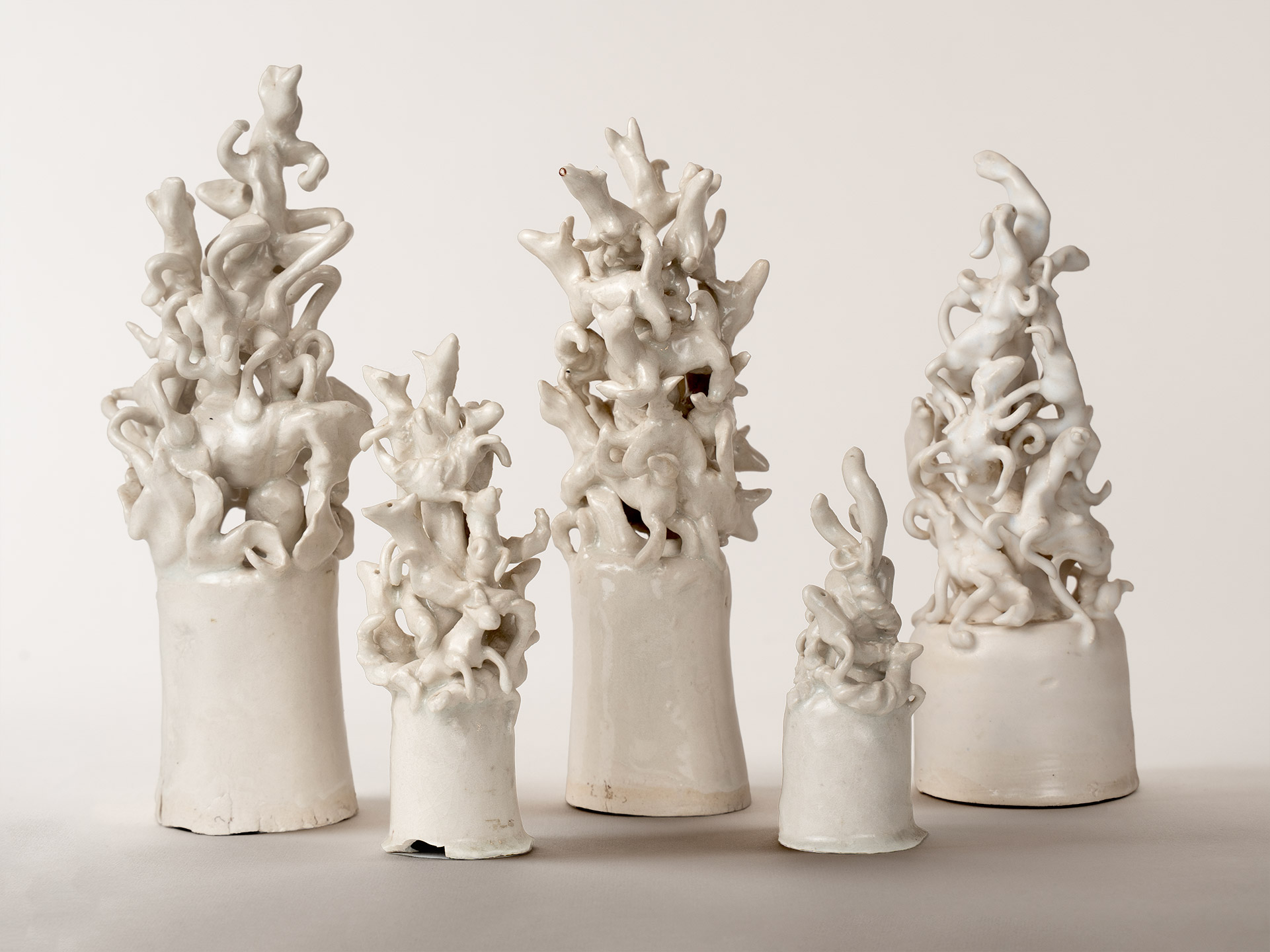 Ceramic sculptures of imaginary animals by artist Gerda van Leeuwen.