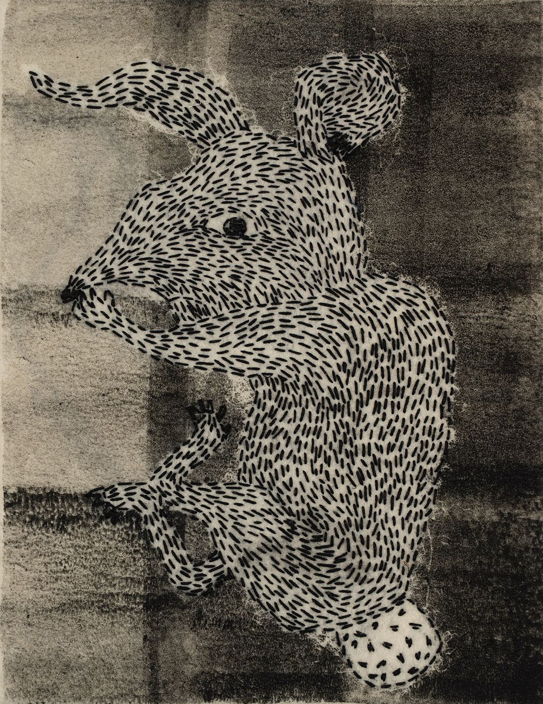 Painting and embroidery of imaginary animal by artist Gerda van Leeuwen