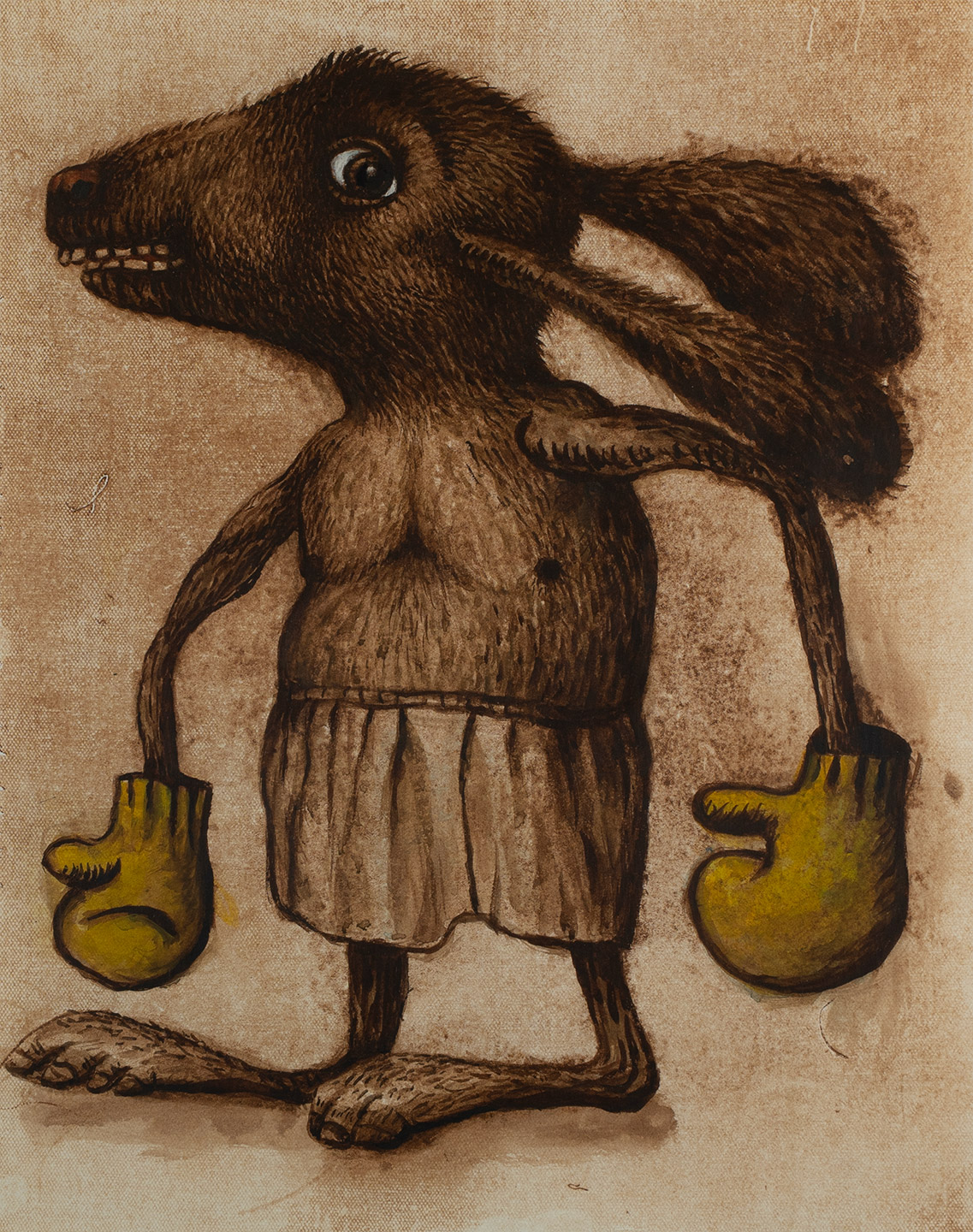 Painting of animal with boxing gloves by artist Gerda van Leeuwen.