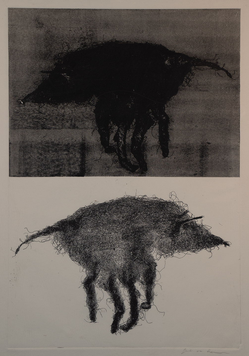 Print of imaginary animals in black and white by artist, Gerda van Leeuwen