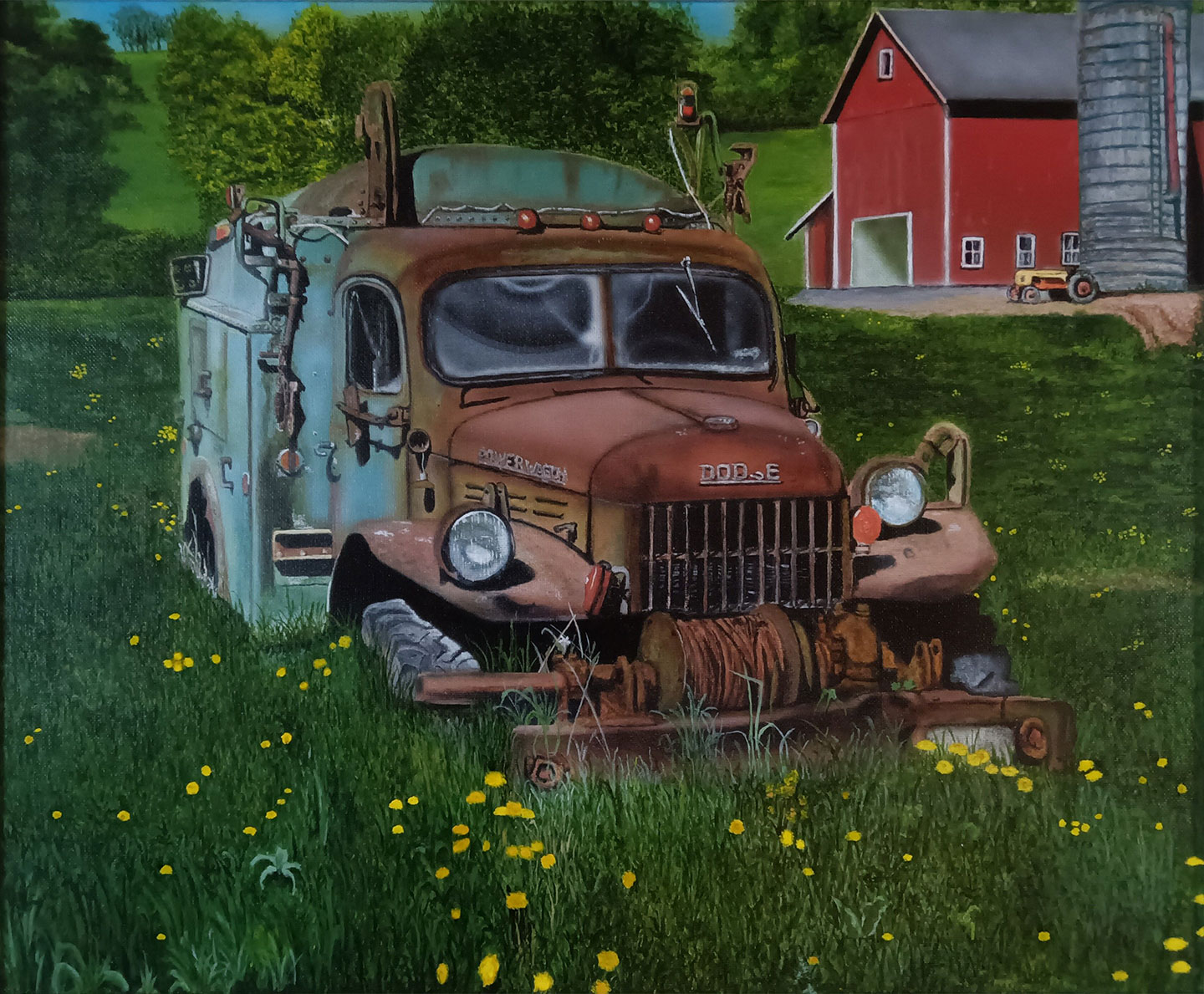 Photo realistic painting of old rusting Dodge Powerwagon truck and red barn
