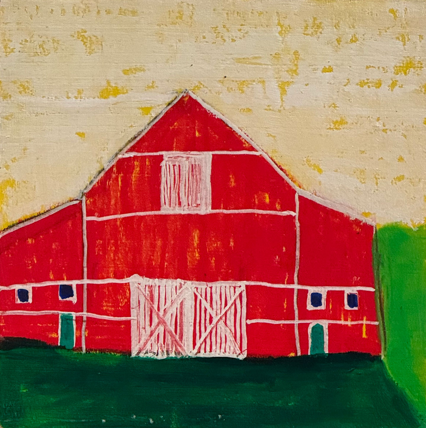 Beautiful painting of red barn in minimalist style