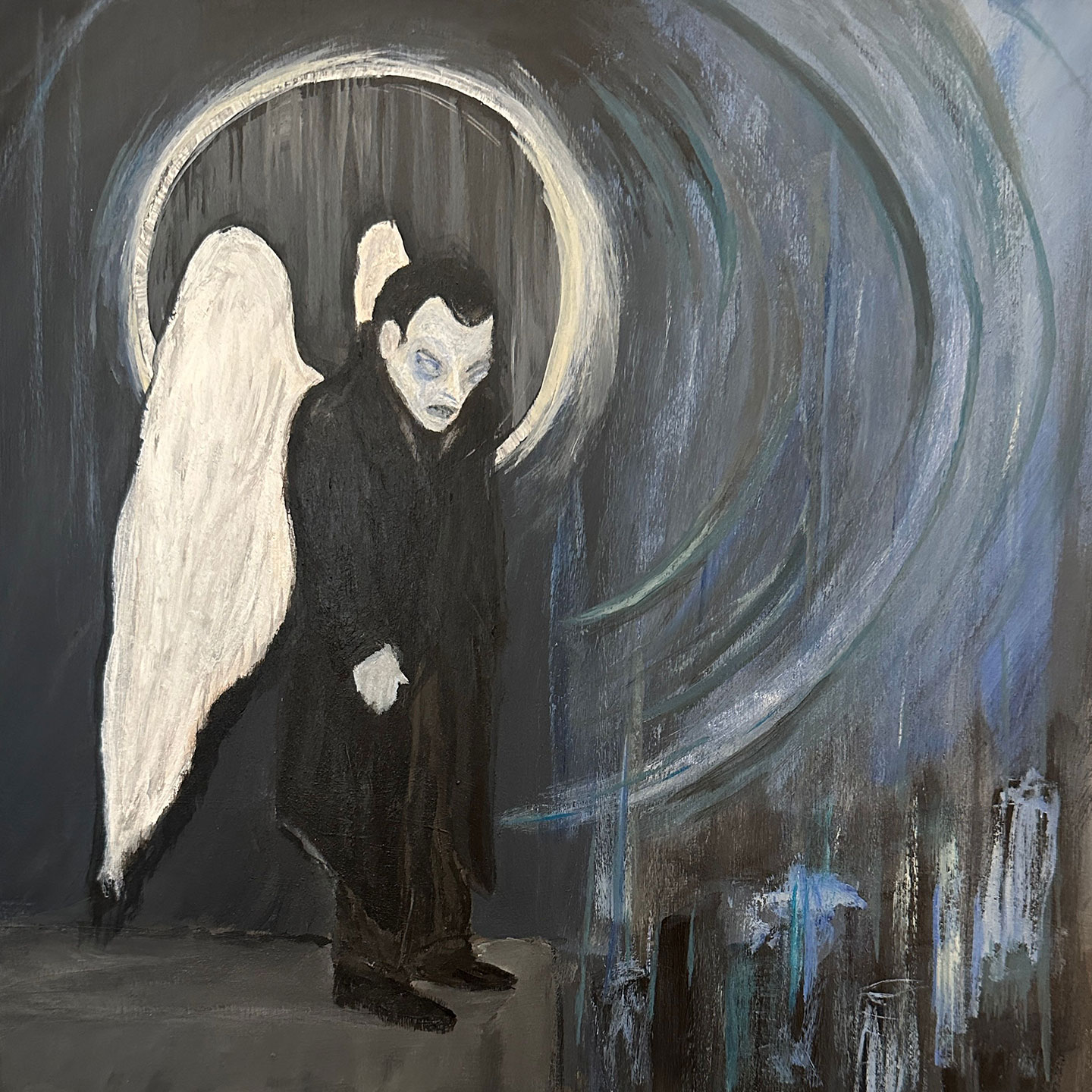 Painting of scene from classic film, Wings of Desire