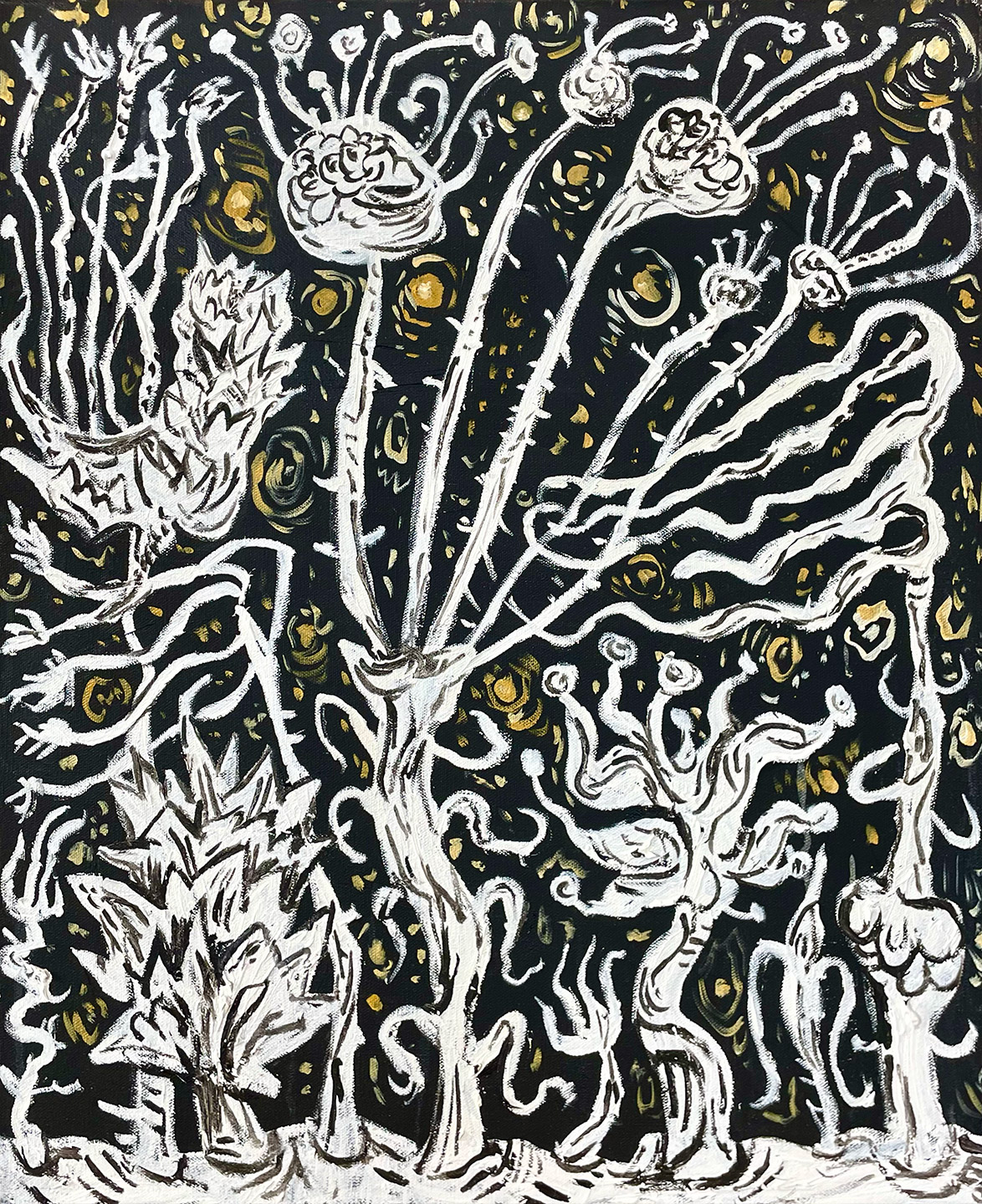 Black and white painting of fantastical plants