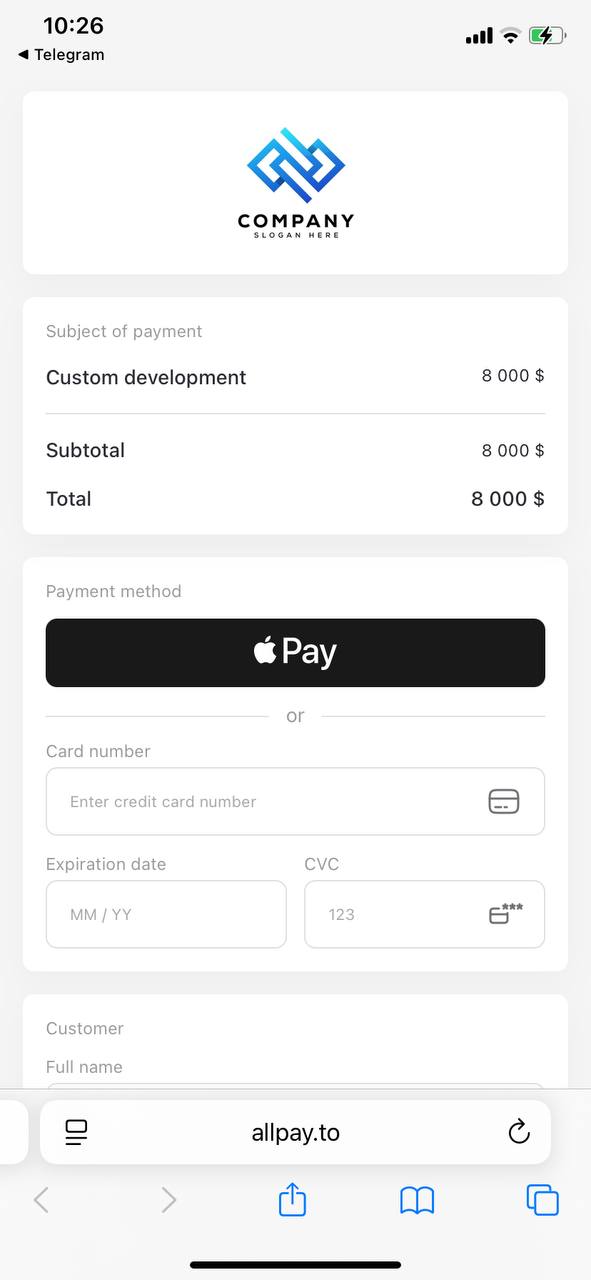Payment in USD with Apple Pay