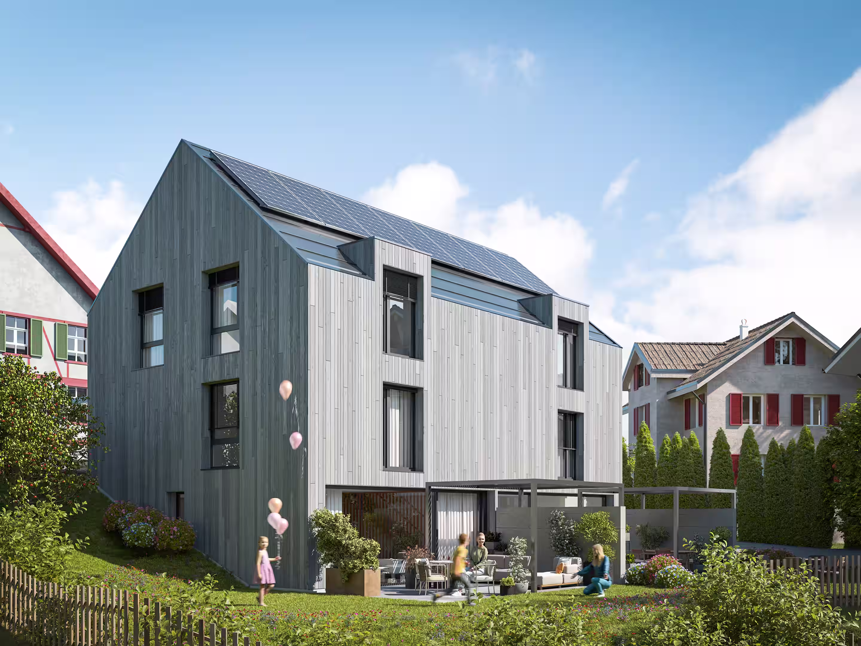 exterior view terrace and house grey twin house
