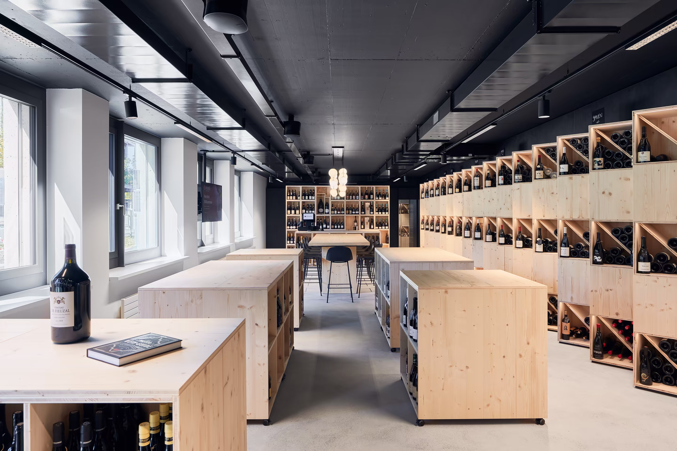 architecture interior vinovativ wine shop cham wooden wine shelves