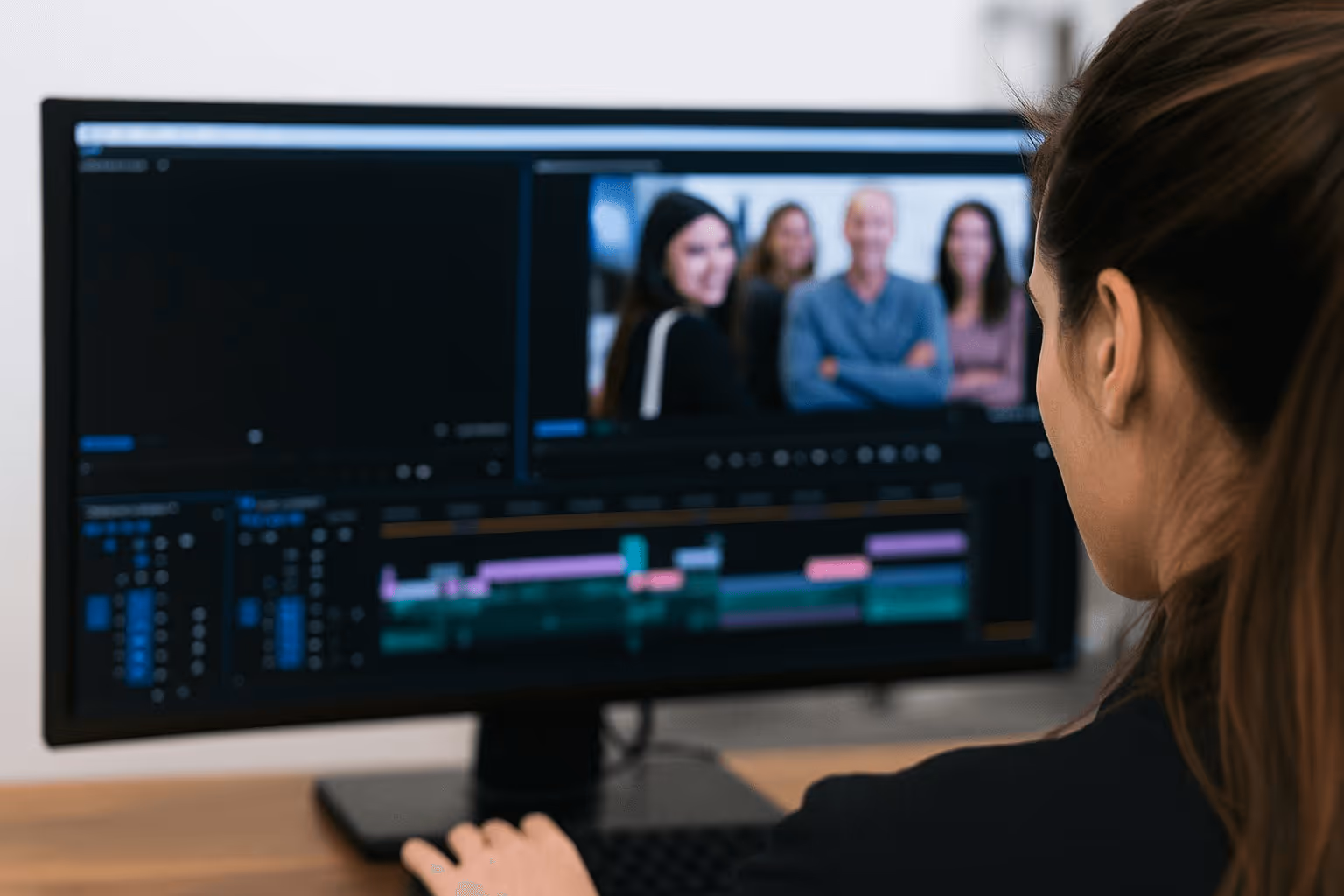 A woman is working on a computer with a large monitor.