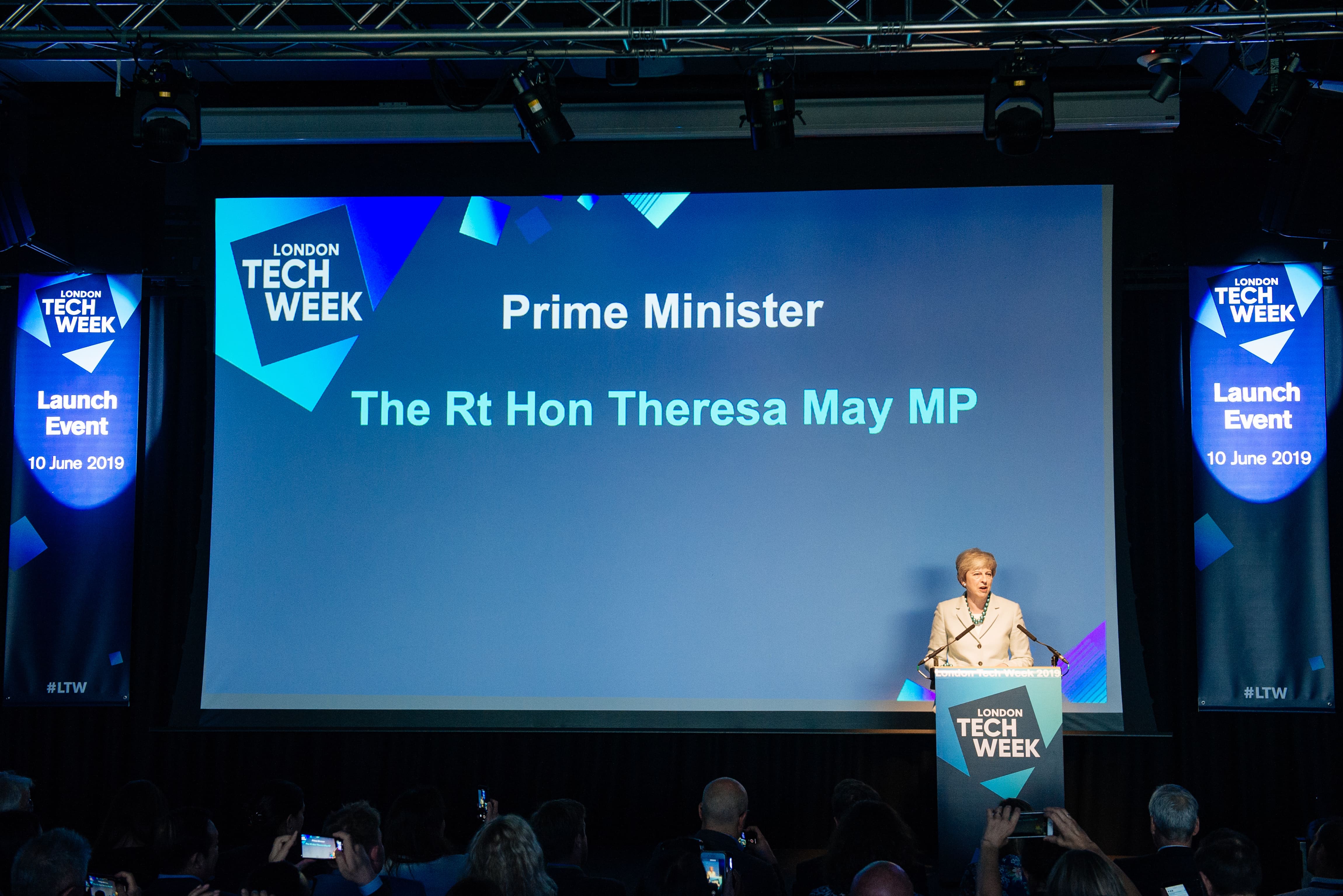 Prime Minister Theresa May delivering a speech at the London Tech Week 2019 launch event