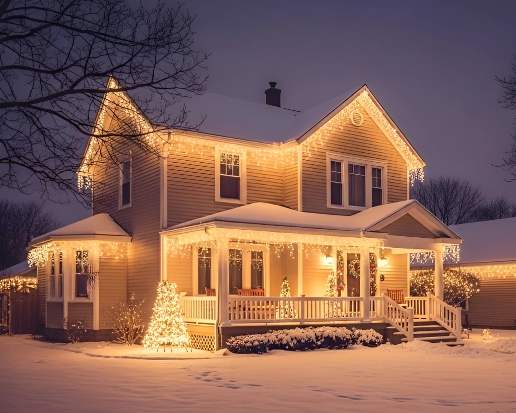 Christmas Light display on a house in winter with snow.