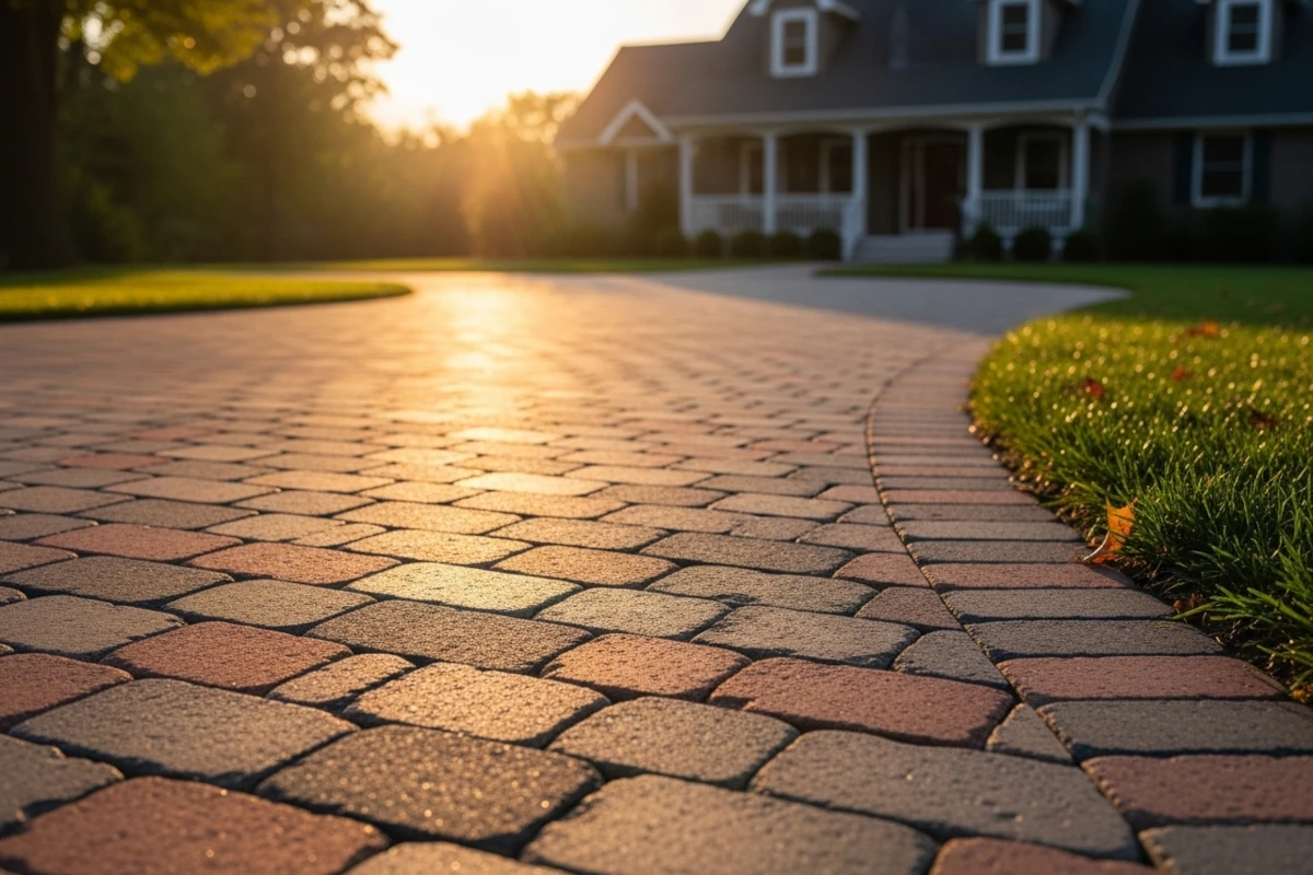 A nice paver driveway in front of a home.