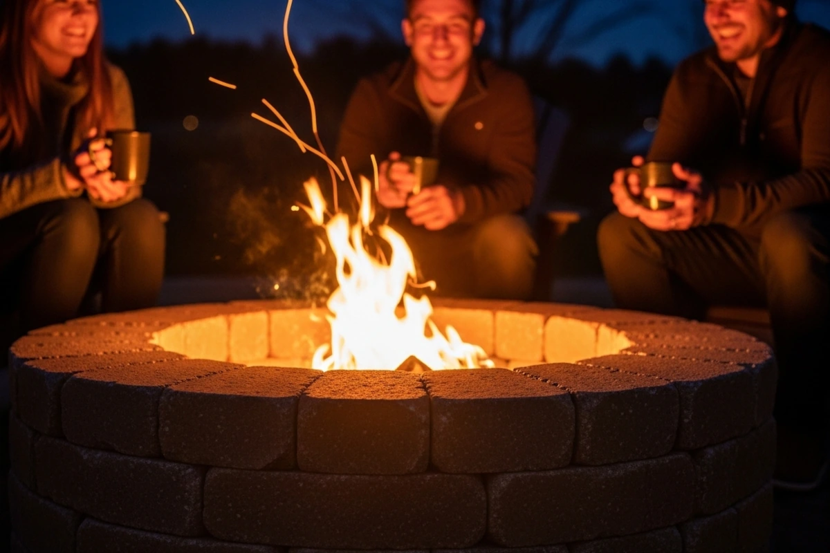 A paver fire pit at night with a burning fire inside and with smiling people gathered around.