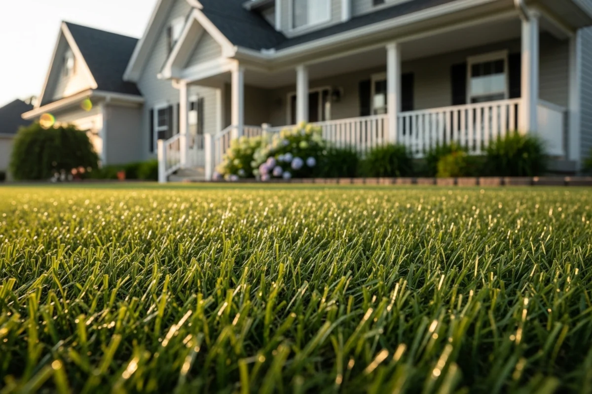 Realistic looking artificial turf in a front yard of a home.