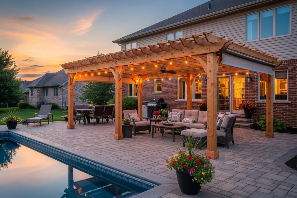 A beautiful pergola at sunset next to a pool.