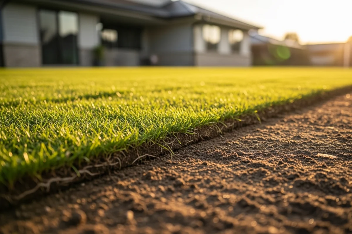Photo of a line of new sod placed down on the ground in front of a home.