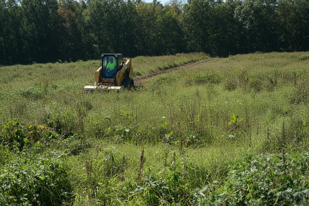 Bobcat with brush hog cutting tall thick grass.