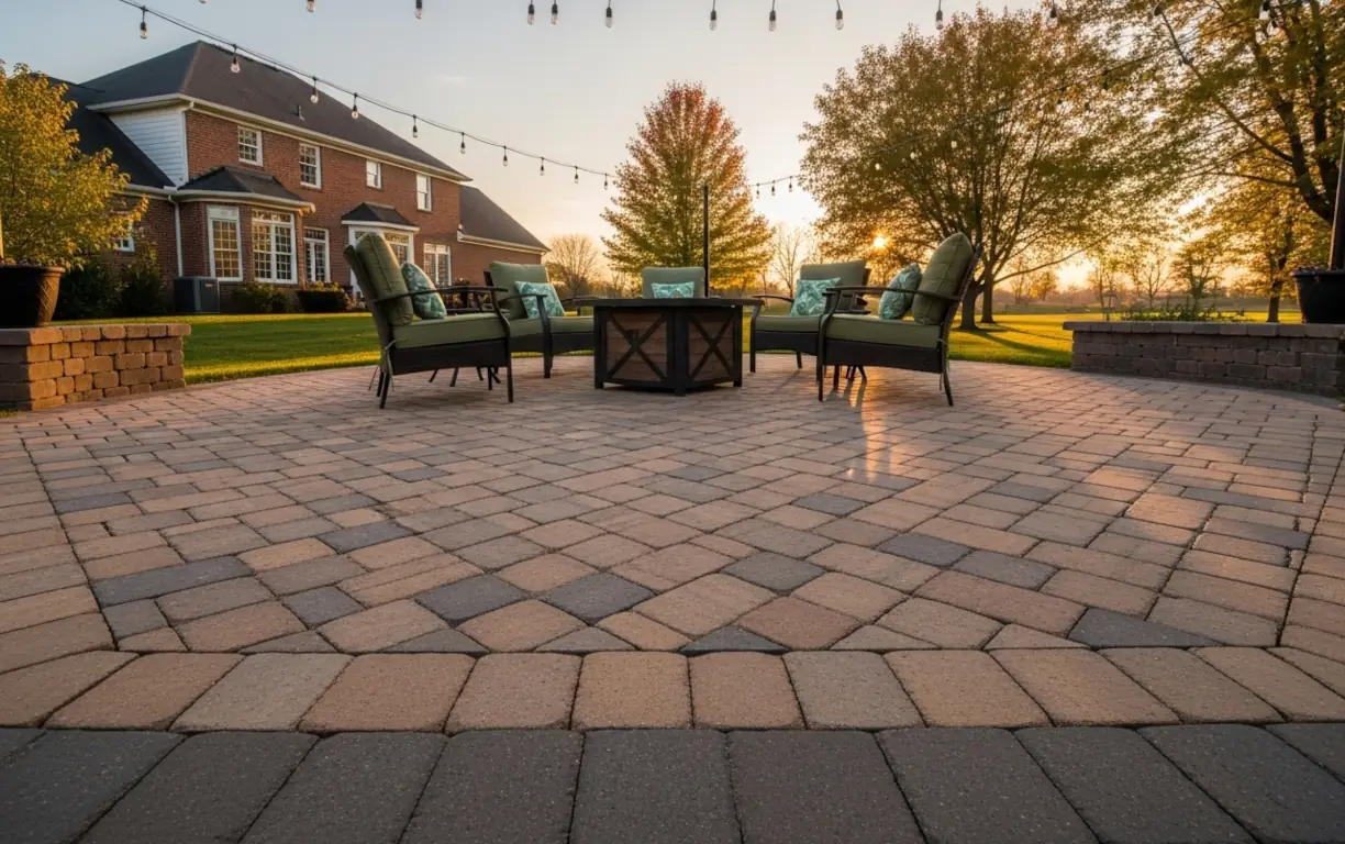 A beautiful paver patio in a backyard.