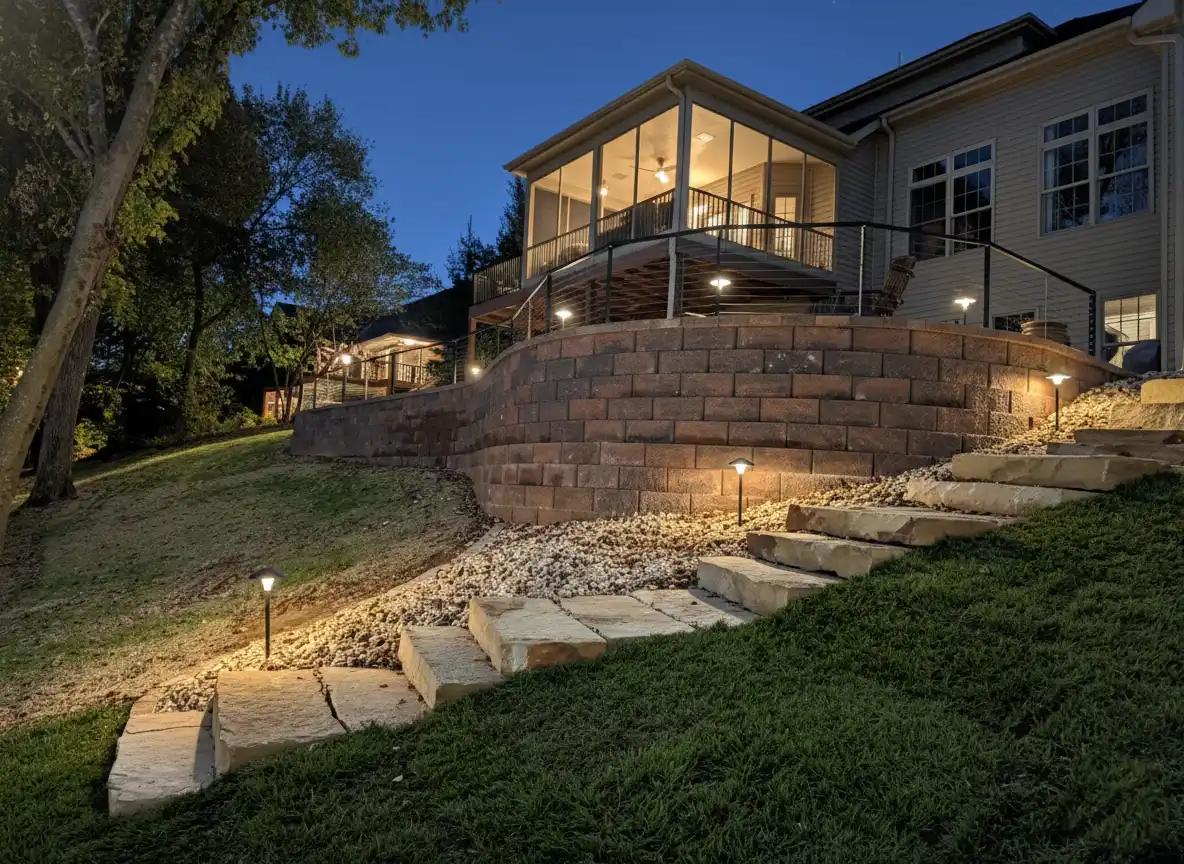 Outdoor stone stairs illuminated by small landscape lights leading up to a house with a lit screened porch and retaining wall at dusk.