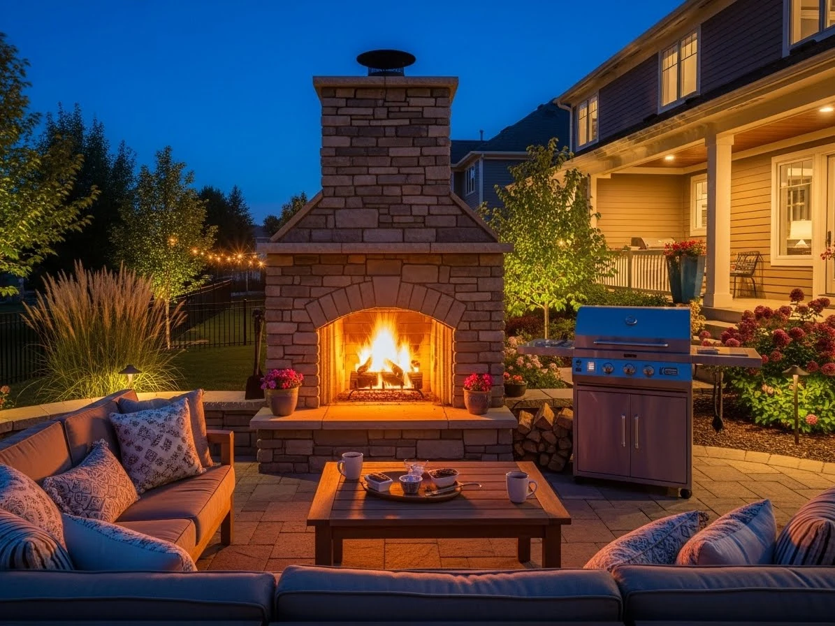 Cozy outdoor patio at dusk featuring a stone fireplace with fire, cushioned seating, wooden coffee table, and a gas grill near a house.