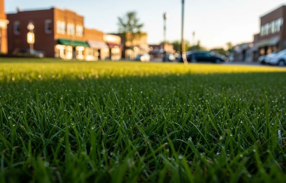 Close-up of green, well fertilized grass with morning dew in a small town park area with blurred buildings and street in the background.