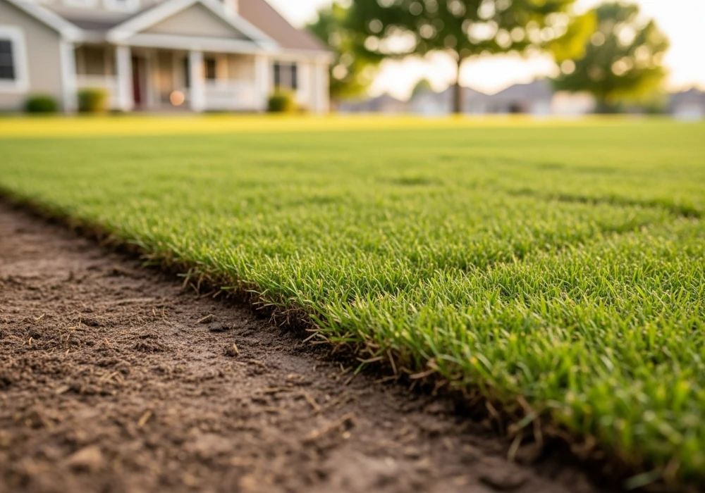 Freshly laid sod with bright green grass in a yard, with a house and tree blurred in the background.