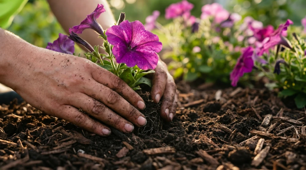 Hands with soil planting a purple flower in a garden bed with mulch.
