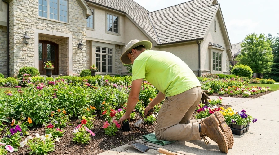 Person planting colorful flowers in a landscaped garden bed beside a stone house.