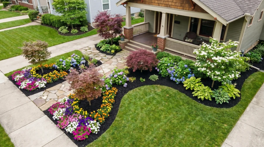 A suburban house with a landscaped garden featuring a stone pathway, multicolored flower beds, small ornamental trees, and neatly trimmed green grass.