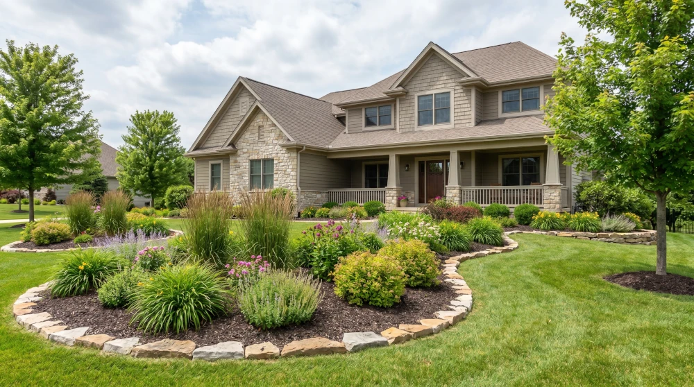 Large suburban house surrounded by manicured green lawn and landscape beds edged with stone borders.