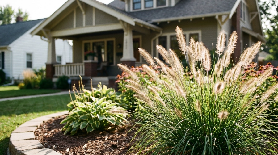 Ornamental grass and green plants in a mulched, curved landscape bed in front of a house with a porch.