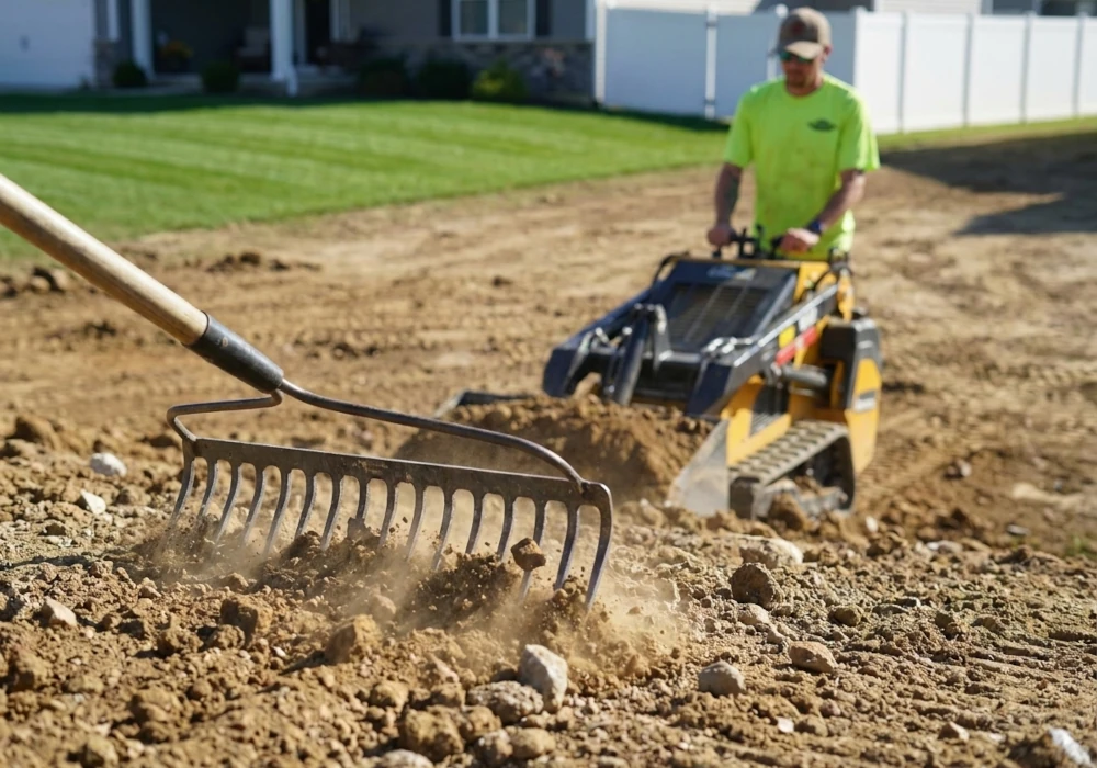 Closeup image of a landscaping grading project with a man operating mini skid steer while soil is being raked in the foreground.