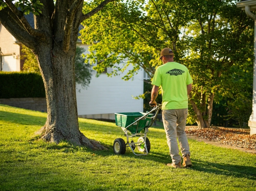 Crosscut employee spreading fertilizer on green lawn beside a large tree during daylight.