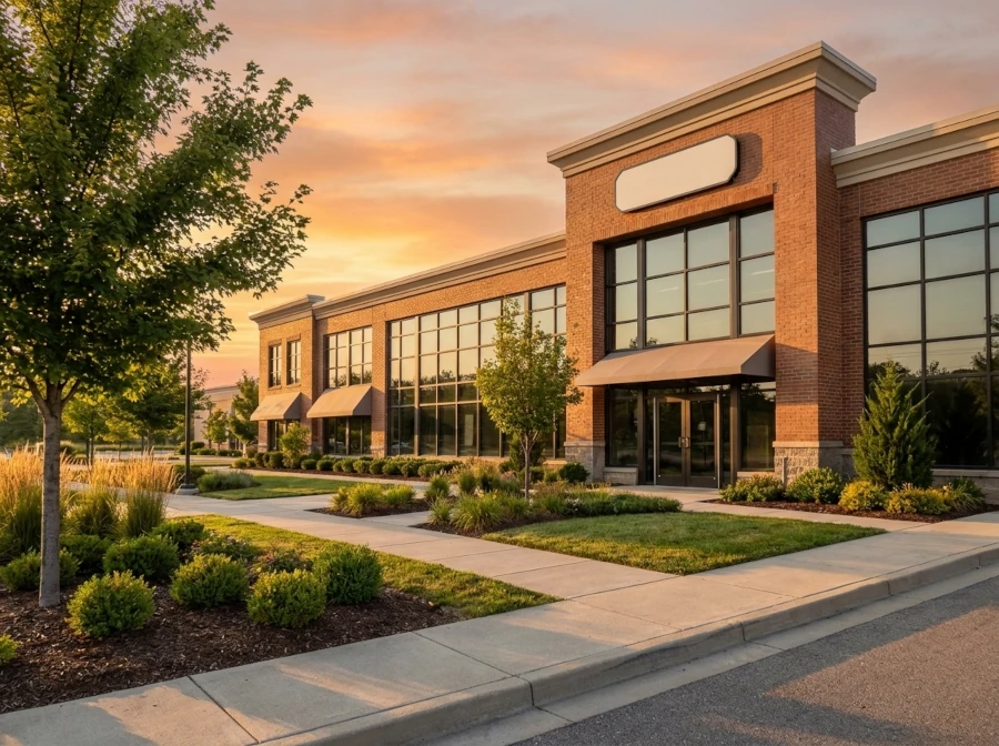 Modern brick office building with large windows and landscaped greenery at sunset.
