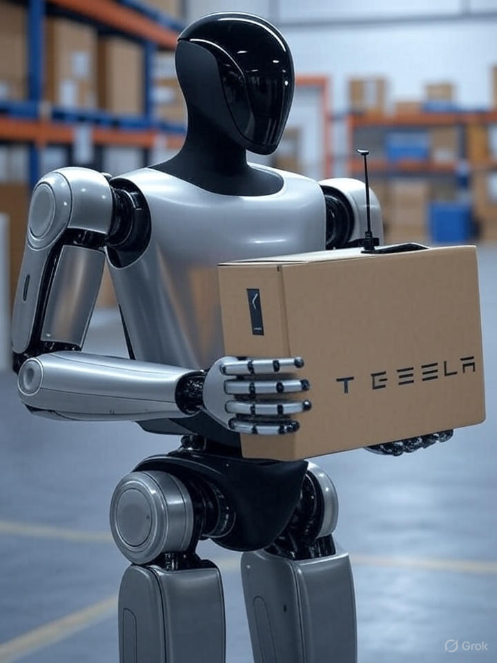 Optimus working in a warehouse carrying a box