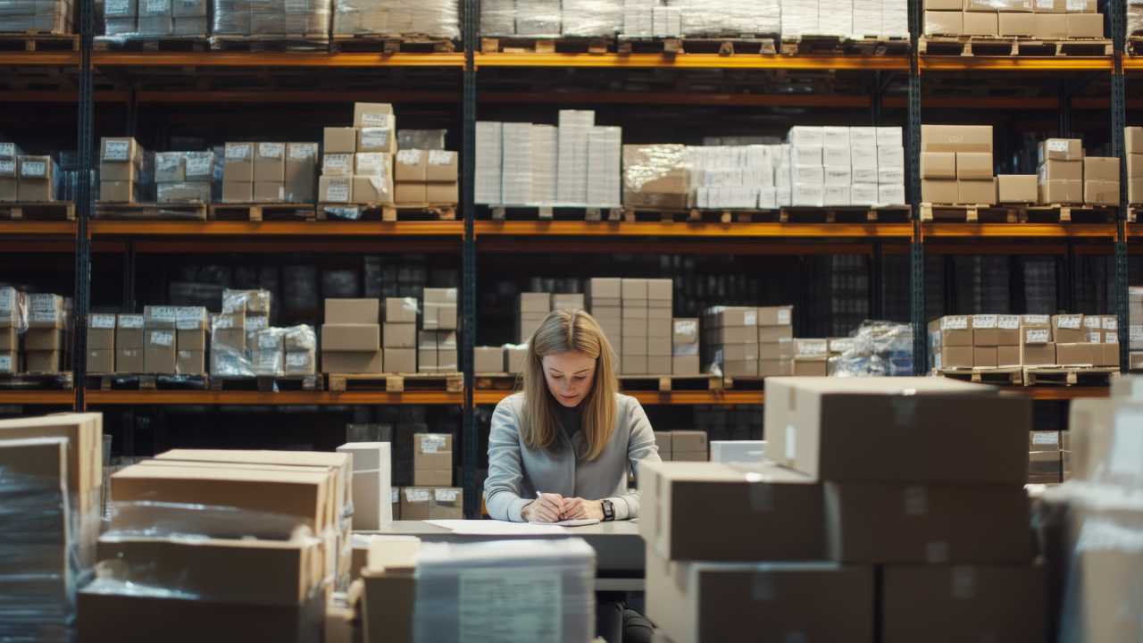 A woman working in a busy warehouse