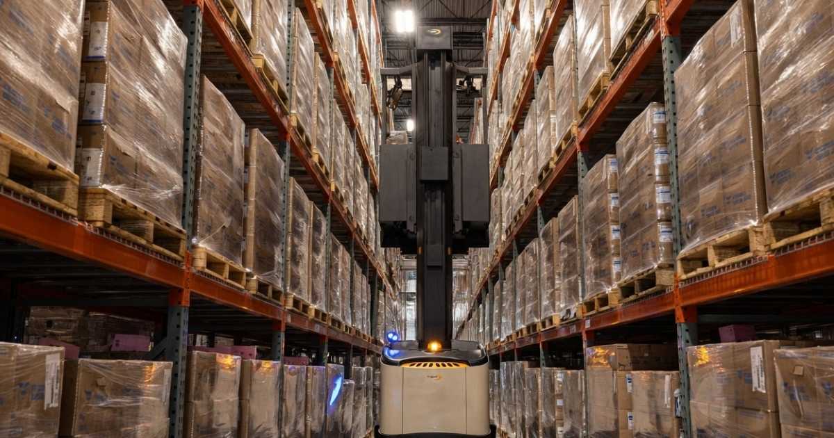 A turret forklift at the Ogden, UT a2b fulfillment facility.