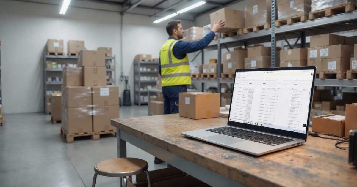 a picture of a laptop displaying inventory reports in a warehouse