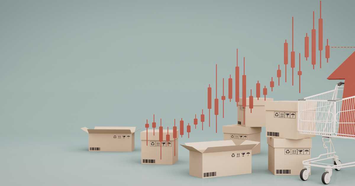 A picture of ecommerce boxes and shopping cart with a growth chart.