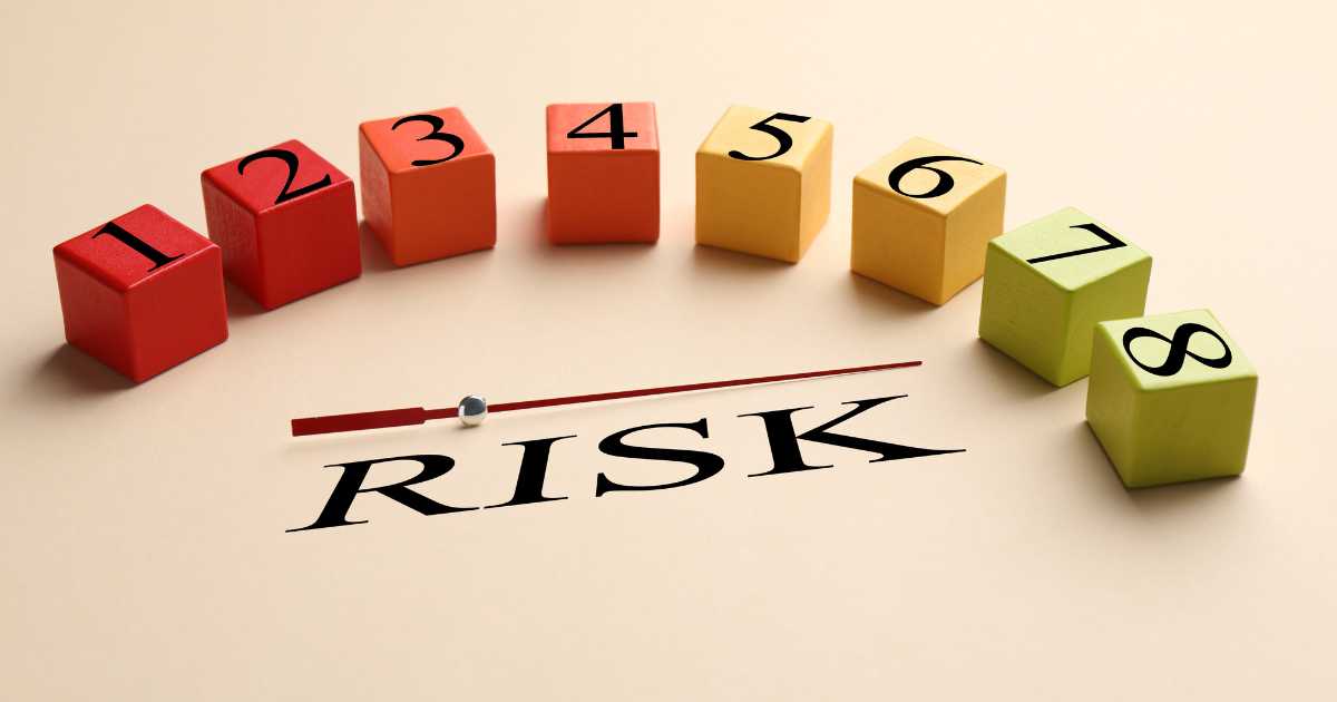 Numbers on a box from 1 to 8 color-coded from 1 being red to 8 being green to denote risk assesment.