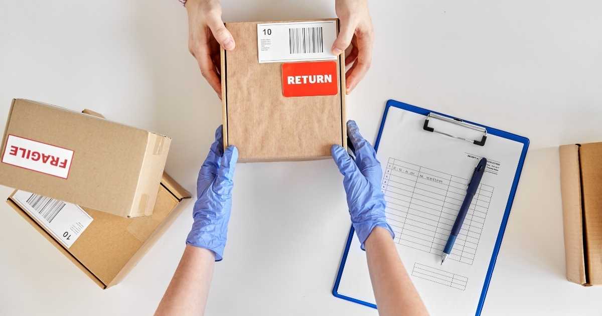 An image of a customer handing a box over with the word Return on it.