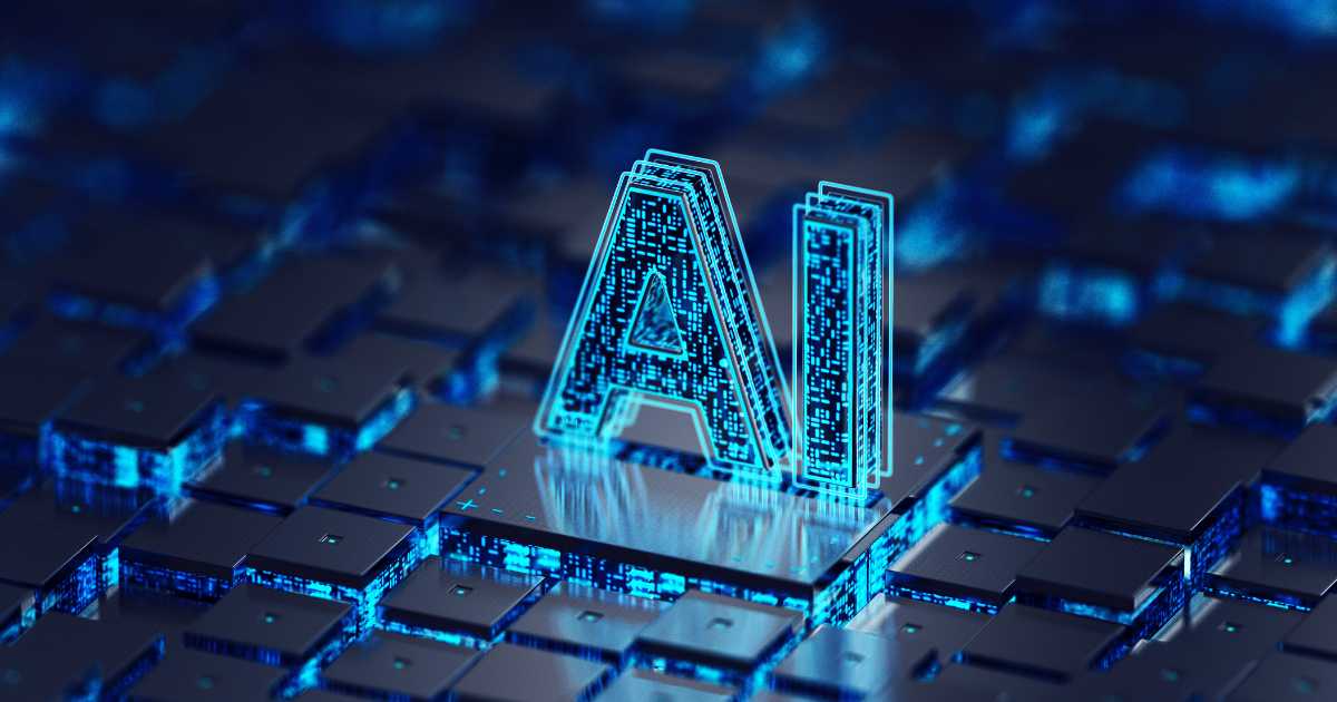 An image of computer components with AI written on in it in a digitized format.