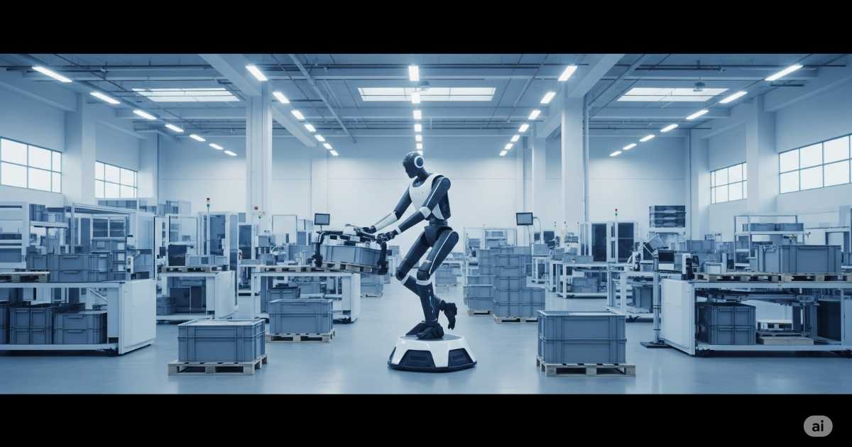 A humanoid robot working in a warehouse environment.