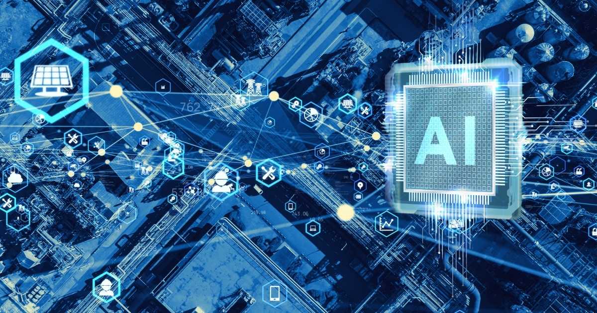 A depiction of a digital environment with AI written on a computer chip.