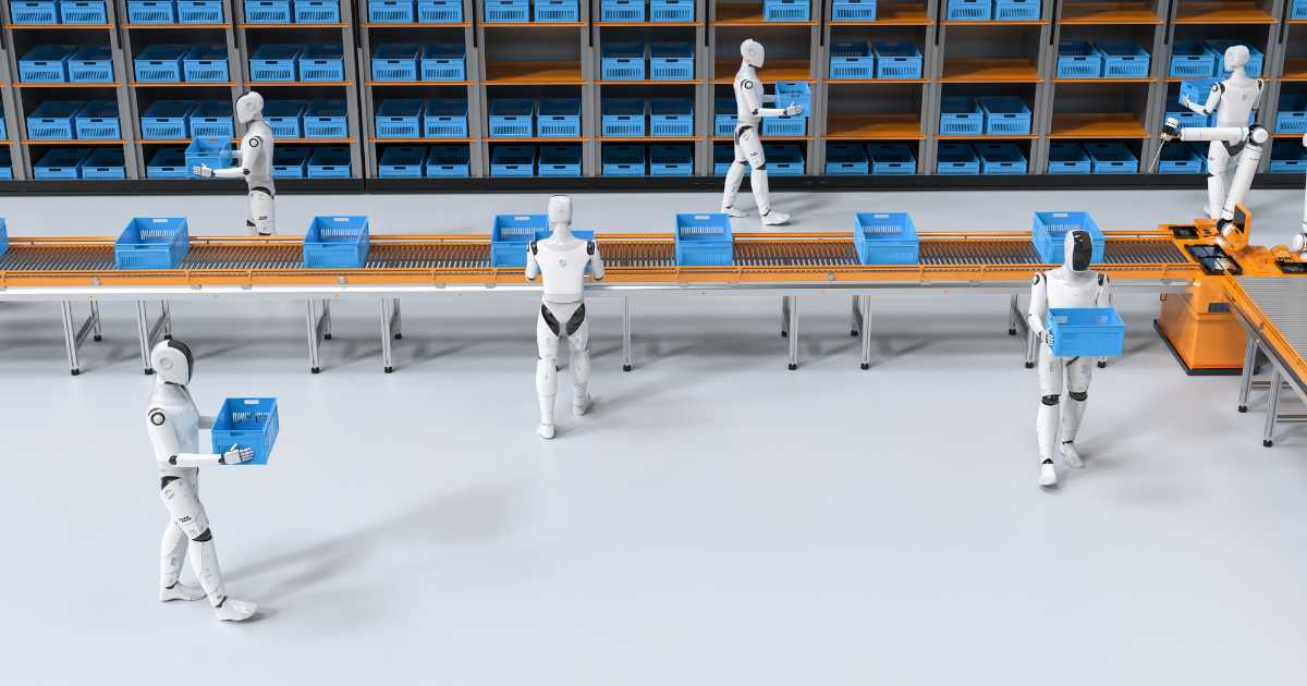 A picture of a futuristic warehouse with humanoid robots working.