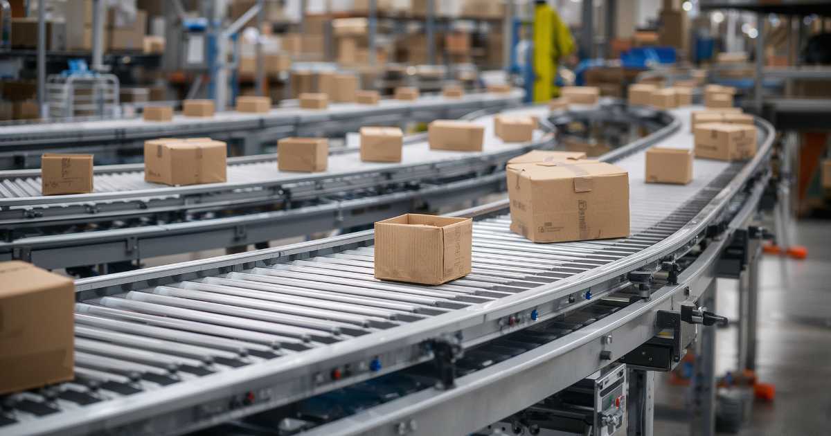 Packages on a conveyor belt in a warehouse.