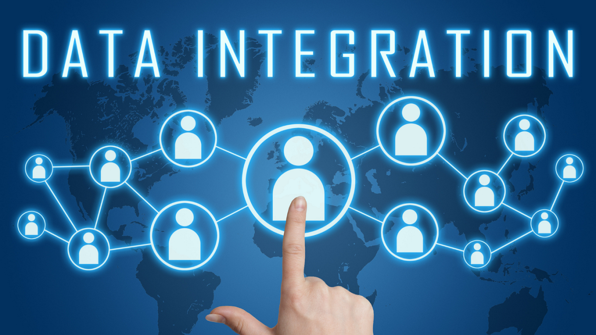Data integration concept graphic with a finger touching a central glowing user icon connected to a network of user icons over a blue world map, illustrating connected systems and data sharing.