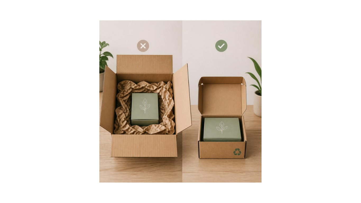 Side-by-side visual showing an oversized e-commerce carton with excess void fill versus a right-sized, recyclable package.