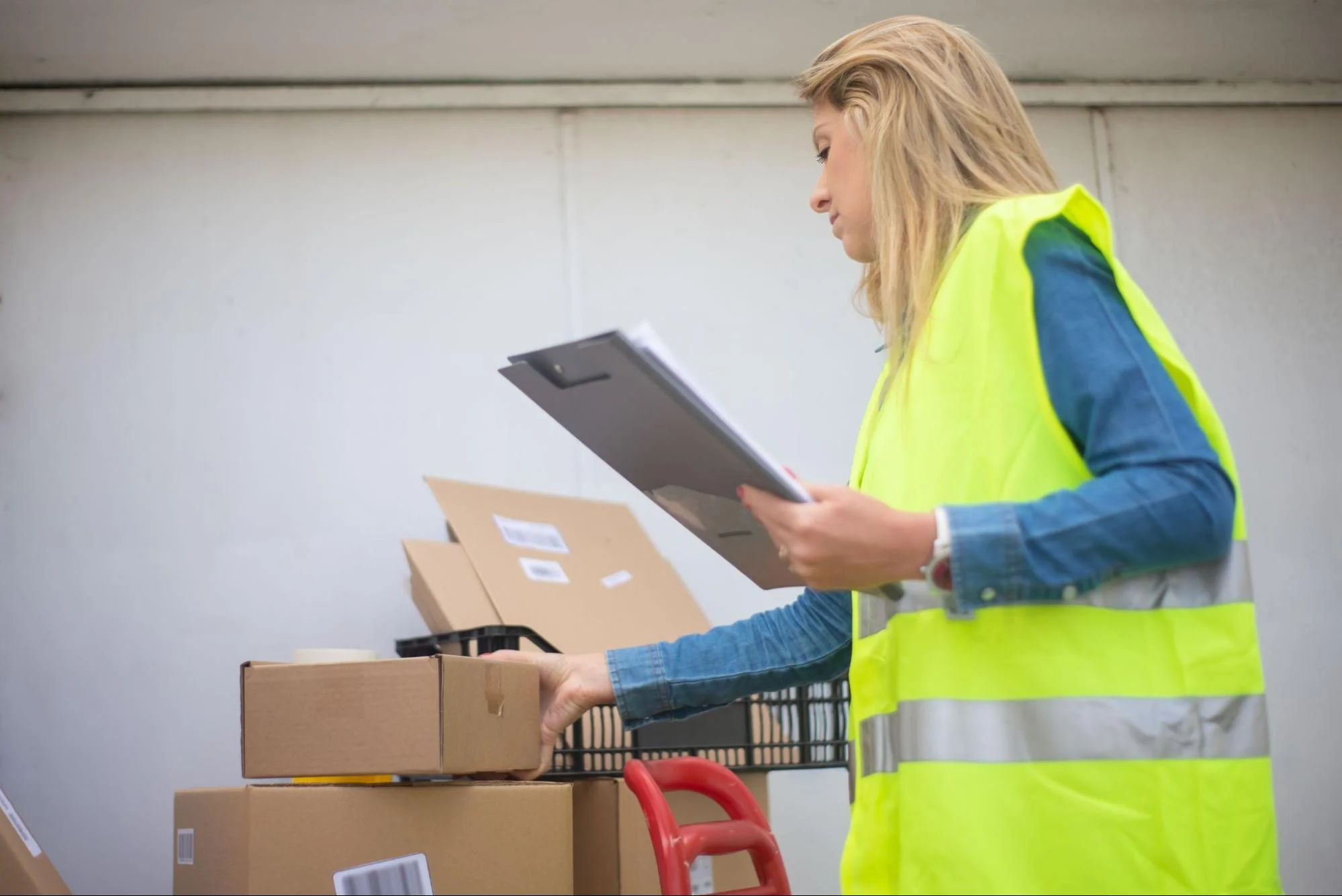 A warehouse worker in a neon yellow safety vest looks down at a clipboard while handling cardboard boxes.