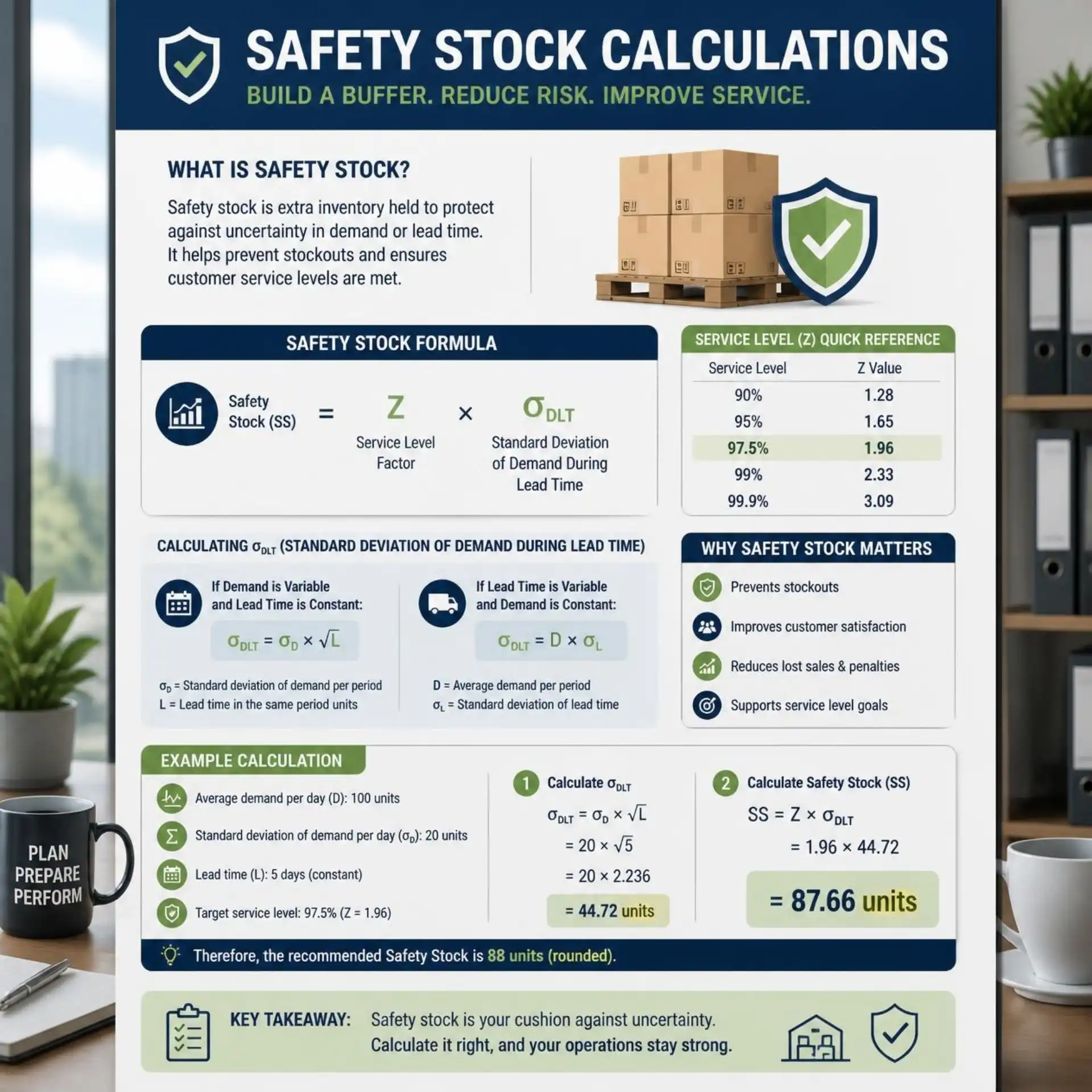 Infographic titled “Safety Stock Calculations” with a shield icon, formulas, and charts showing service level, demand, and calculations like average demand, safety stock, and reorder point.