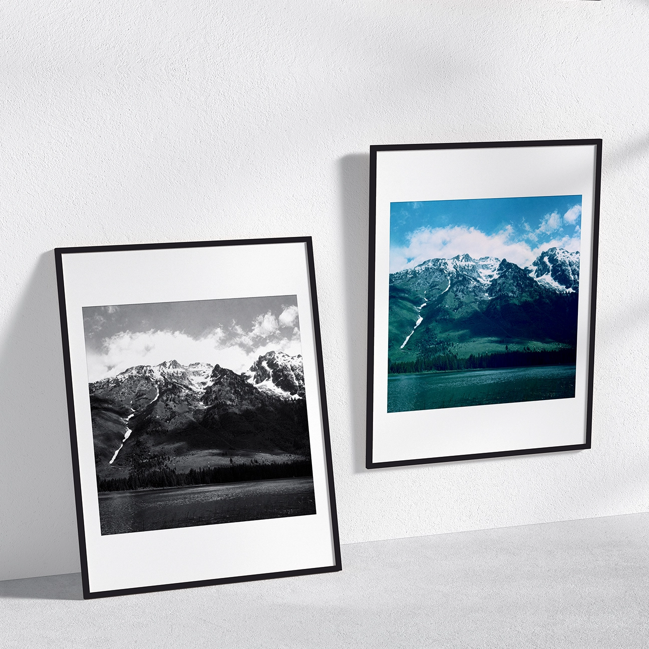Side-by-side comparison of Grand Teton Peak landscape photograph in black-and-white and color—snow-capped Tetons, dark lake foreground, wide sky with clouds.